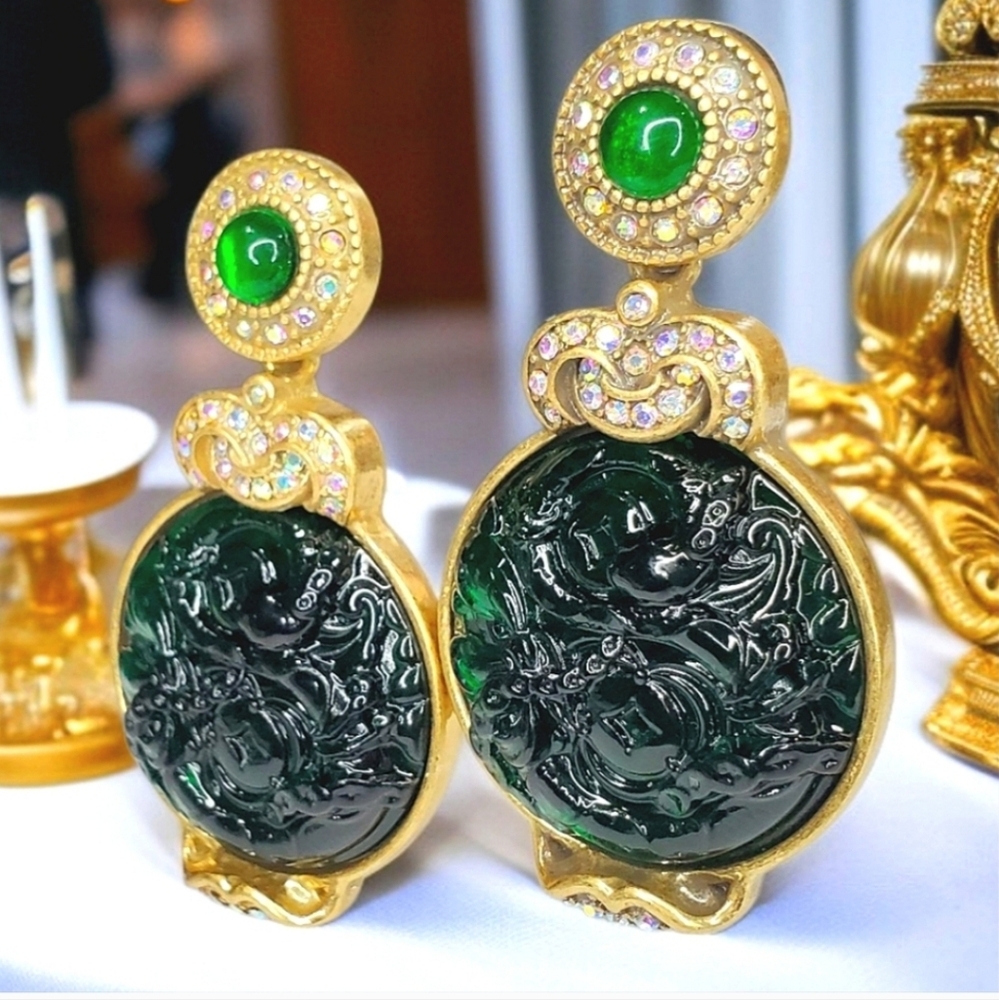 Oversized Gold Emerald Green Asian Dragon Crystal Statement Earrings - Picture 2 of 4